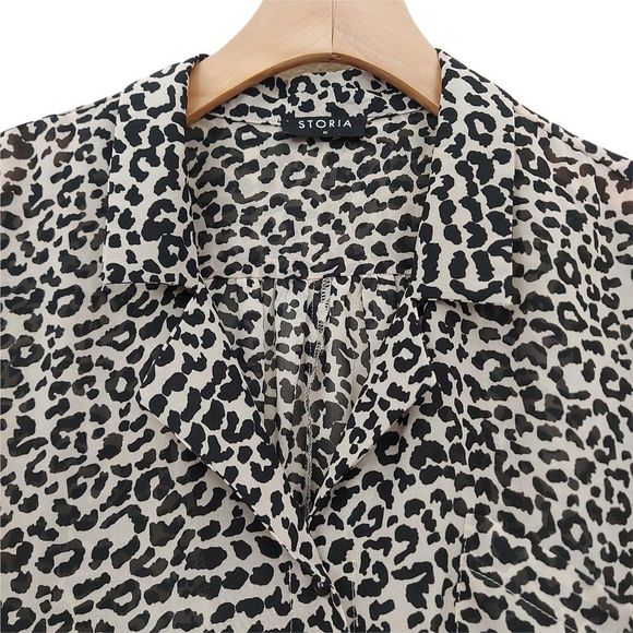 Storia Blouse Womens Medium Brown Black Leopard Print Long Sleeve Button Up - Picture 3 of 10